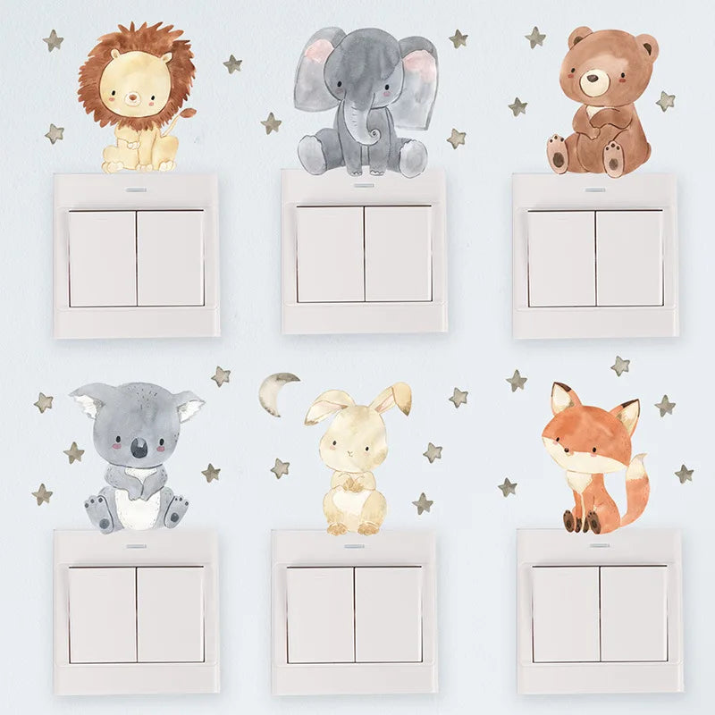 Cartoon Lion Elephant Rabbit Switch Sticker Kids Room Decoration Wall Decals Cute Animals Bedroom Home Decor Self-adhesive Mural